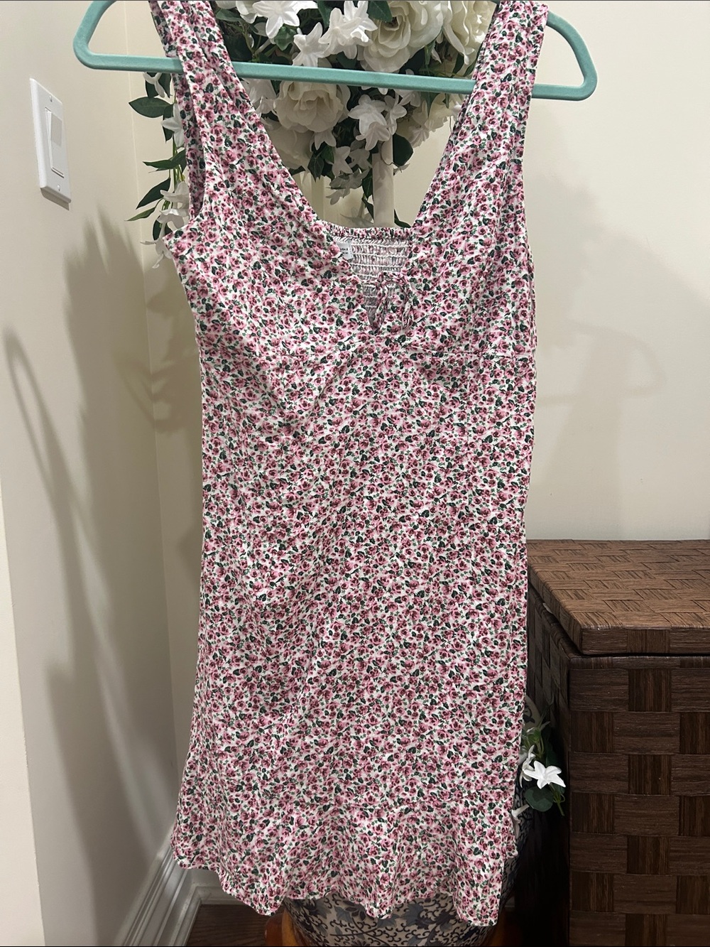 Zara Pink Floral Mini Dress with Green Accents